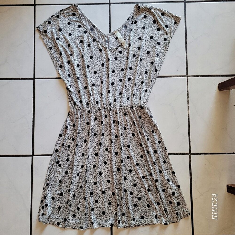 LASOME USA Women’s White & Black Polka Dot Elastic Waist Mini Casual Dress Small
